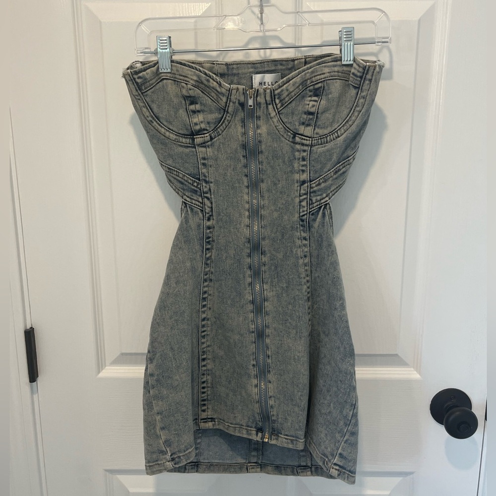 Strapless denim mini dress